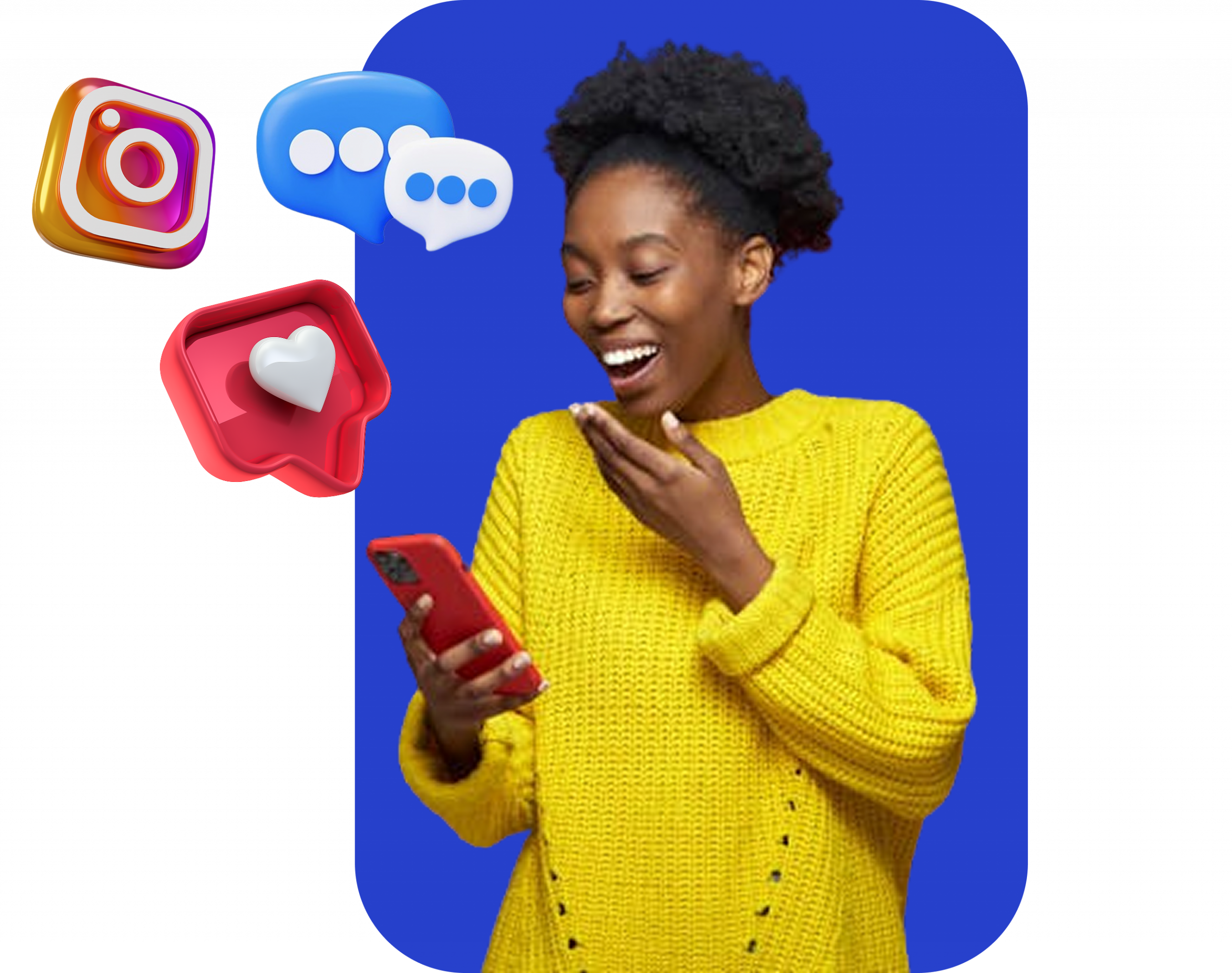 Une personne souriante qui regarde son téléphone avec des icônes de like et de commentaires des réseaux sociaux, synonyme d'une stratégie de création de contenu bien faite