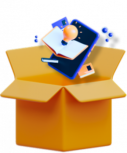 Logo d'une boite en carton en ouverture, laissant sortir un téléphone accompagné d'icônes de création de contenu et d'idées