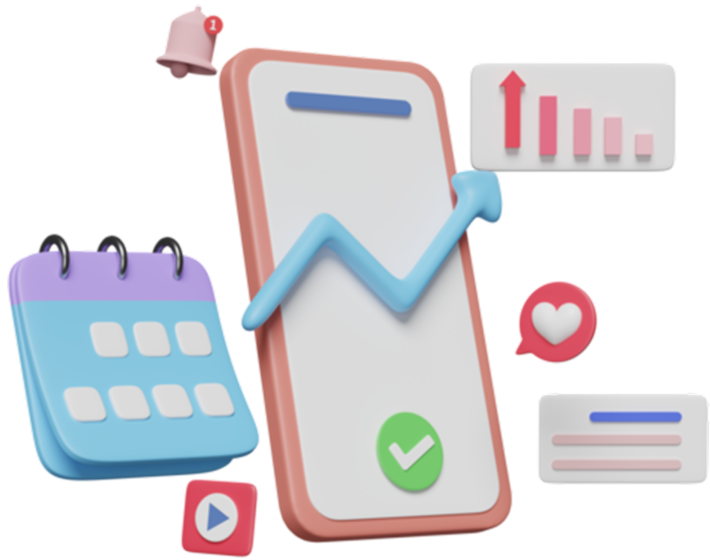 Illustration d'un téléphone montrant des résultats de croissance et d'interactions sur les réseaux sociaux